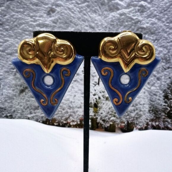 Geometric Abstract Earrings Clip On Terracotta Clay Handpainted Large Blue Gold - Picture 12 of 16